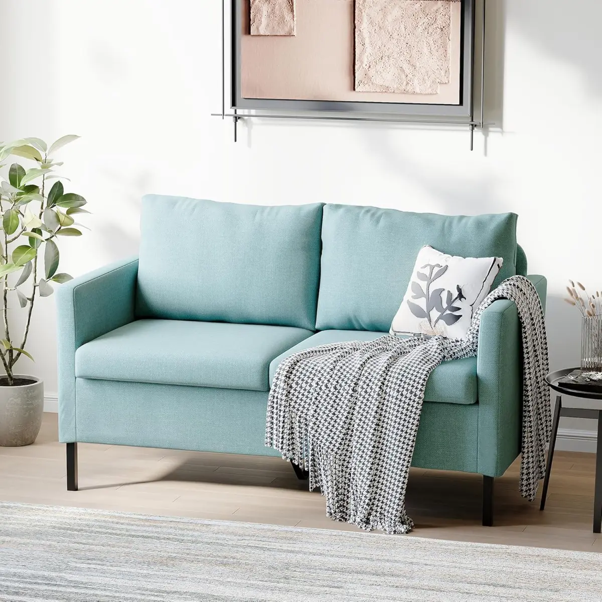 Sofa Couch for Living Room, Love Seats 2-Seater Furniture w/Iron Legs for Compact Space, Apartment, Bedroom, Dorm, Office, Aqua Blue