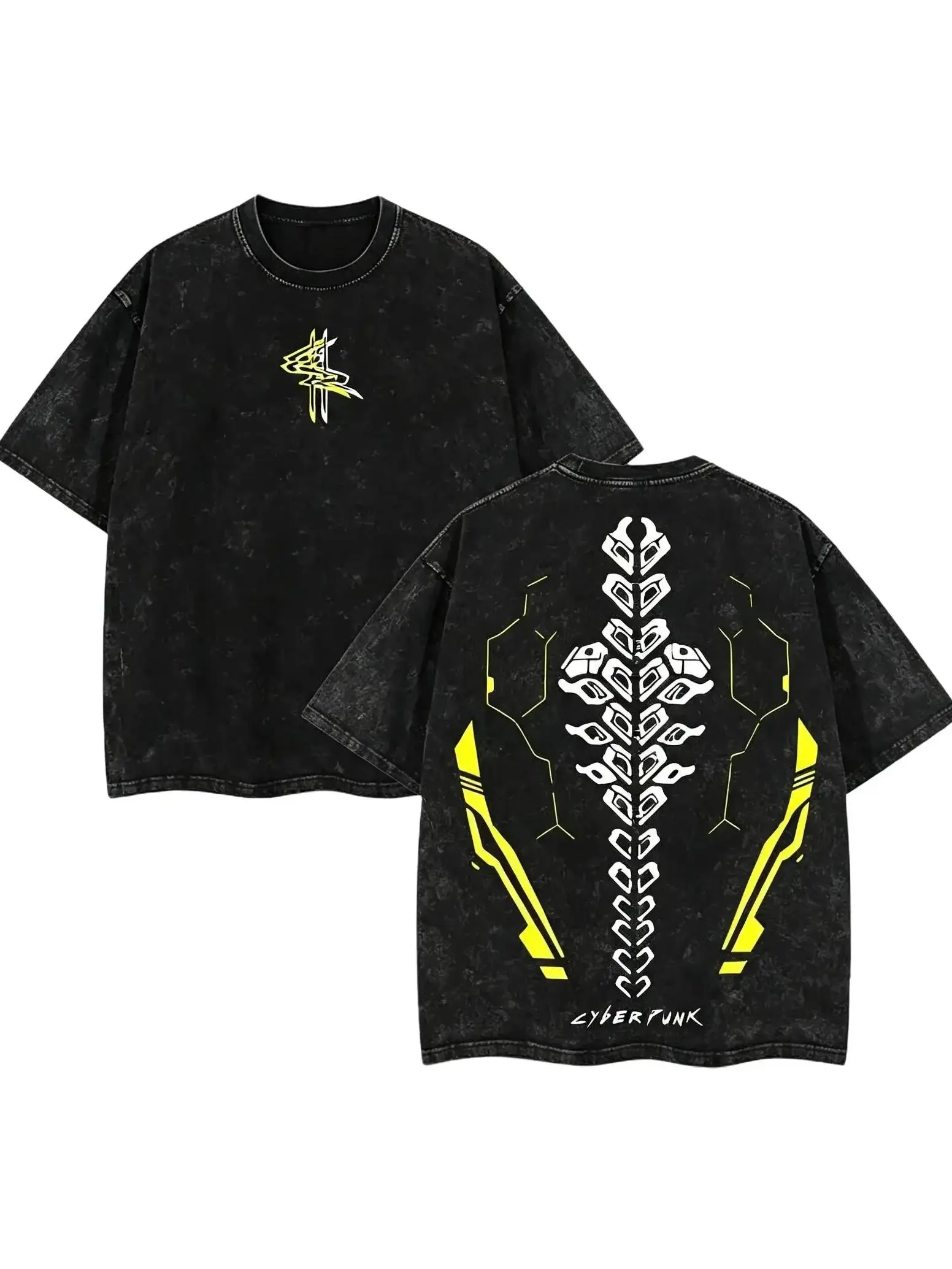 Finds Cyberpunk Sandevistan Heavyweight Washed T-Shirt Men Oversized Vintage Anime Double Printed Graphic Tee Retro Y2K Techwear Cybercore Streetwear Summer Top