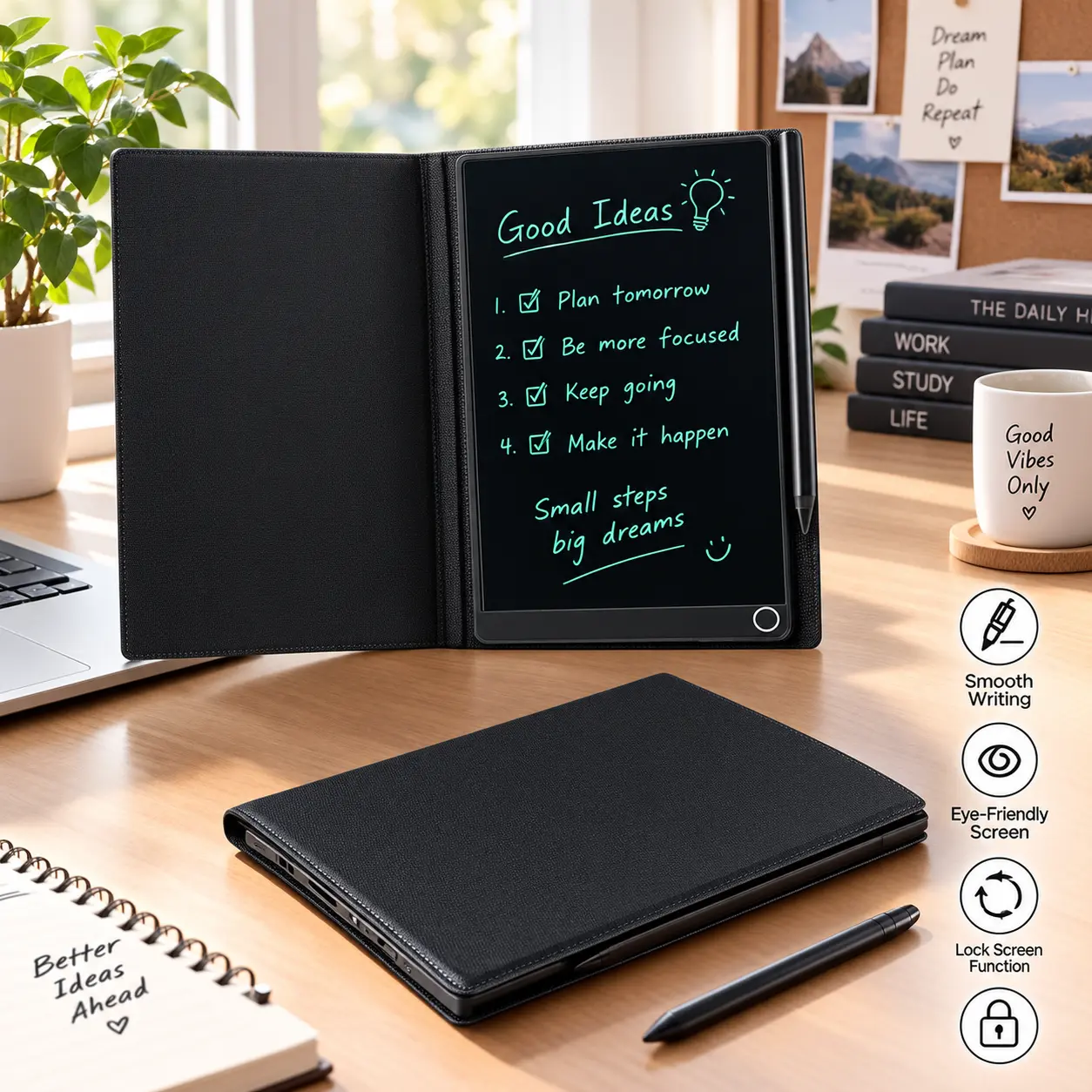 6.5" LCD Writing Tablet with Fine Tip, Reusable Digital Notepad with Leather Case & Hanging Stylus, Portable Writing and Drawing Pad Protection Screen
