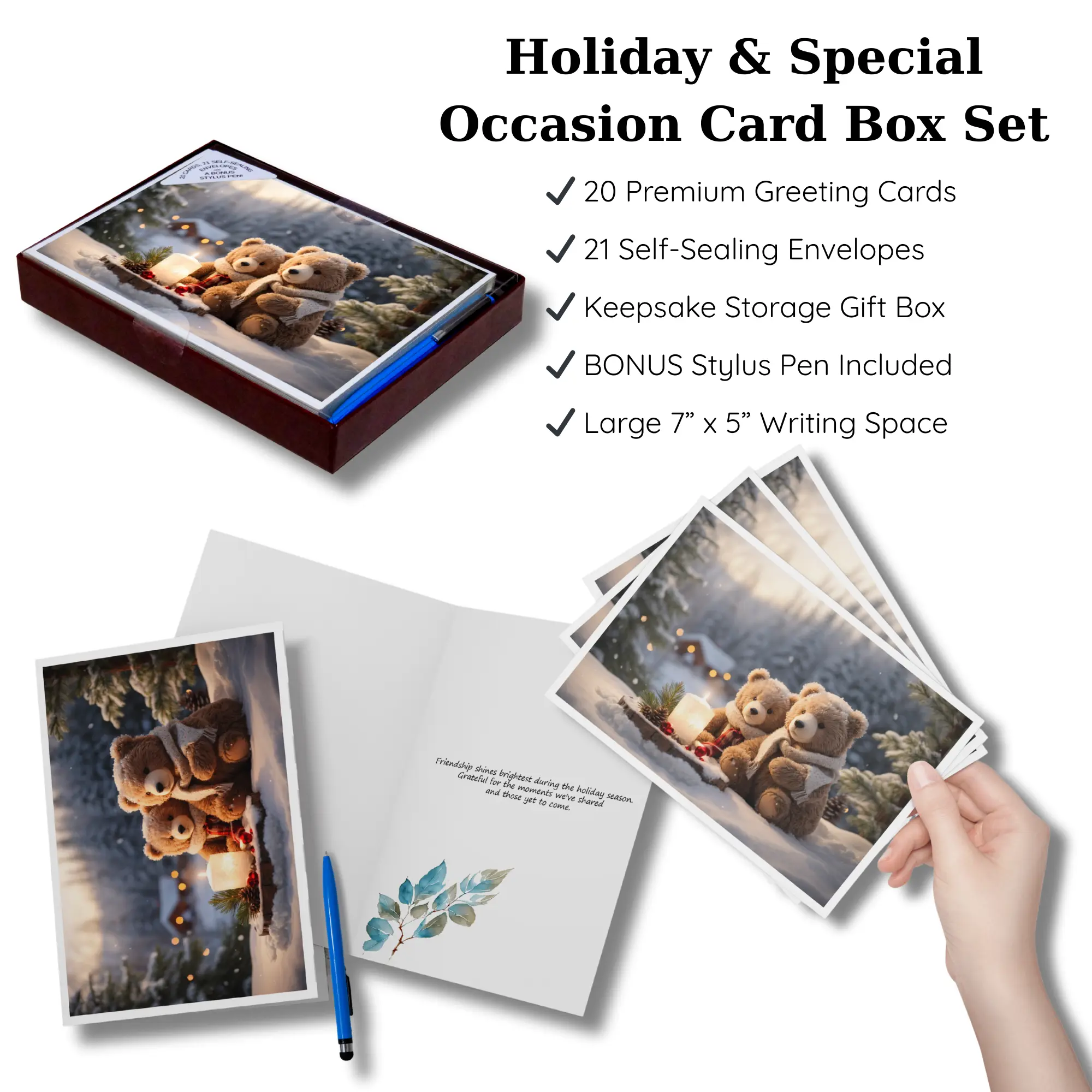 Christmas Cards Box Set – 20 Holiday Greeting Cards with Envelopes – Cozy Teddy Bears Candlelight Theme – Keepsake Box & Bonus Pen - Nebula Voyager