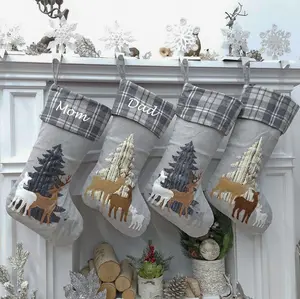 Woodland Deer Christmas Stockings | Grey Plaid Faux Fur Tree Modern Gold Farmhouse Fawn Rustic Style Personalized Embroidered Name