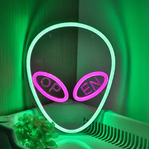 1pc Glowing Alien with "Open" in Eye LED Neon Sign - USB-Powered Wall-Mounted Neon Light with Pink & Green Glow, Sci-Fi Decor for Home, Bar, Cafe, Office, Game Zones, Party Areas, Bedroom