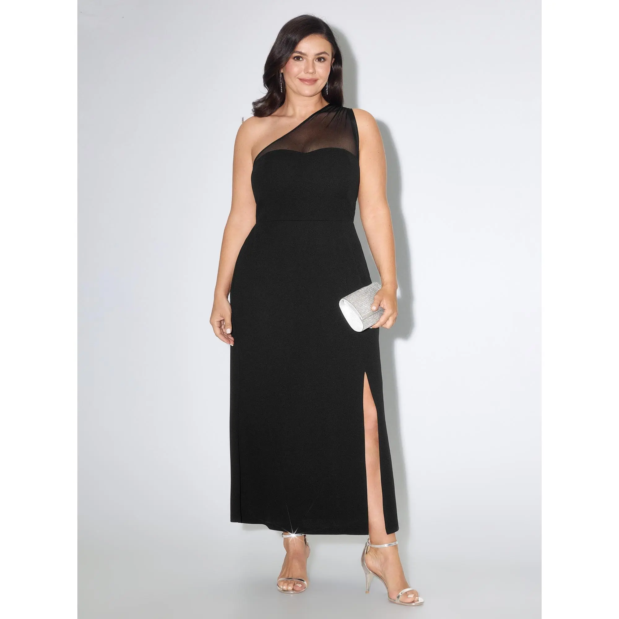 BLOOMCHIC Plus Size Solid One Shoulder Mesh Sheer Slit Midi Dress[M-6X] Summerfinds