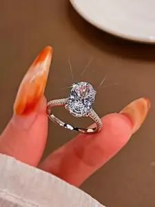 S925 Sterling Silver Oval Shaped Artificial Zircon Decor Ring, Pave Engagement Ring, Luxury Engagement Ring for Women, Trendy All-match & Exquisite Jewelry for Birthday Gift