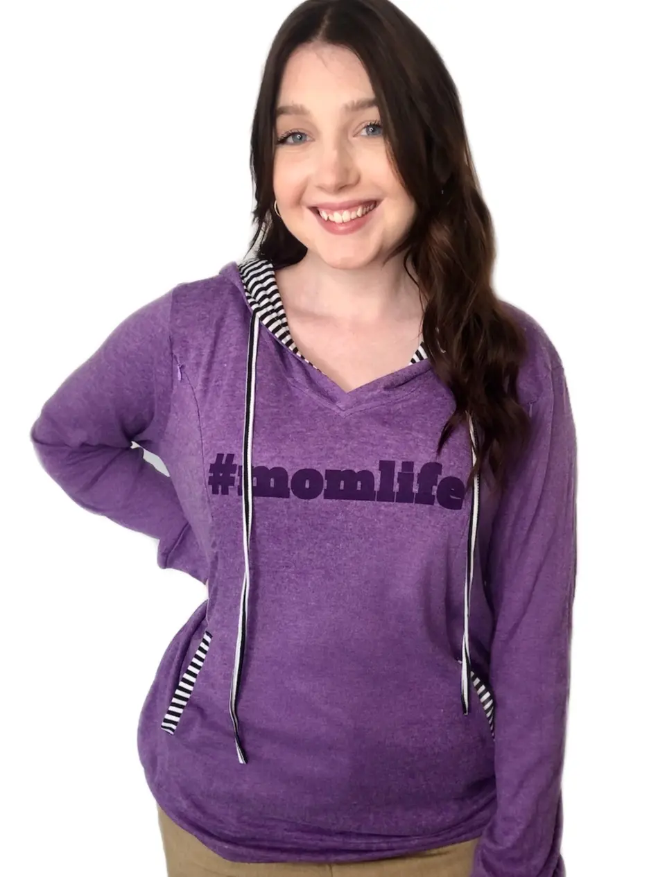 #MOMLIFE Purple Nursing Hoodie - Long Sleeve Lightweight Hoodie Super Soft Cozy with Side Zippers for Breastfeeding Moms Cotton-Polyester Blend Limited Edition