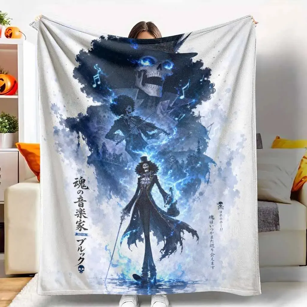 Skeleton Musician Brook Anime Silhouette Graphic Flannel Blanket - Ultra Soft, Warm, Lightweight, Breathable Plush Throw Bedspread for Living Room Decor, Sofa, Birthday Gift