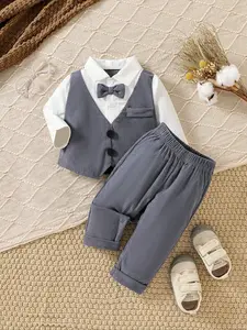 Baby boy winter suit set, boys' suit set, baby boy corduroy gentleman bow fake two-piece white shirt+corduroy pants, dress set, suitable for special occasions, preferred gift, Christmas style, Toddler