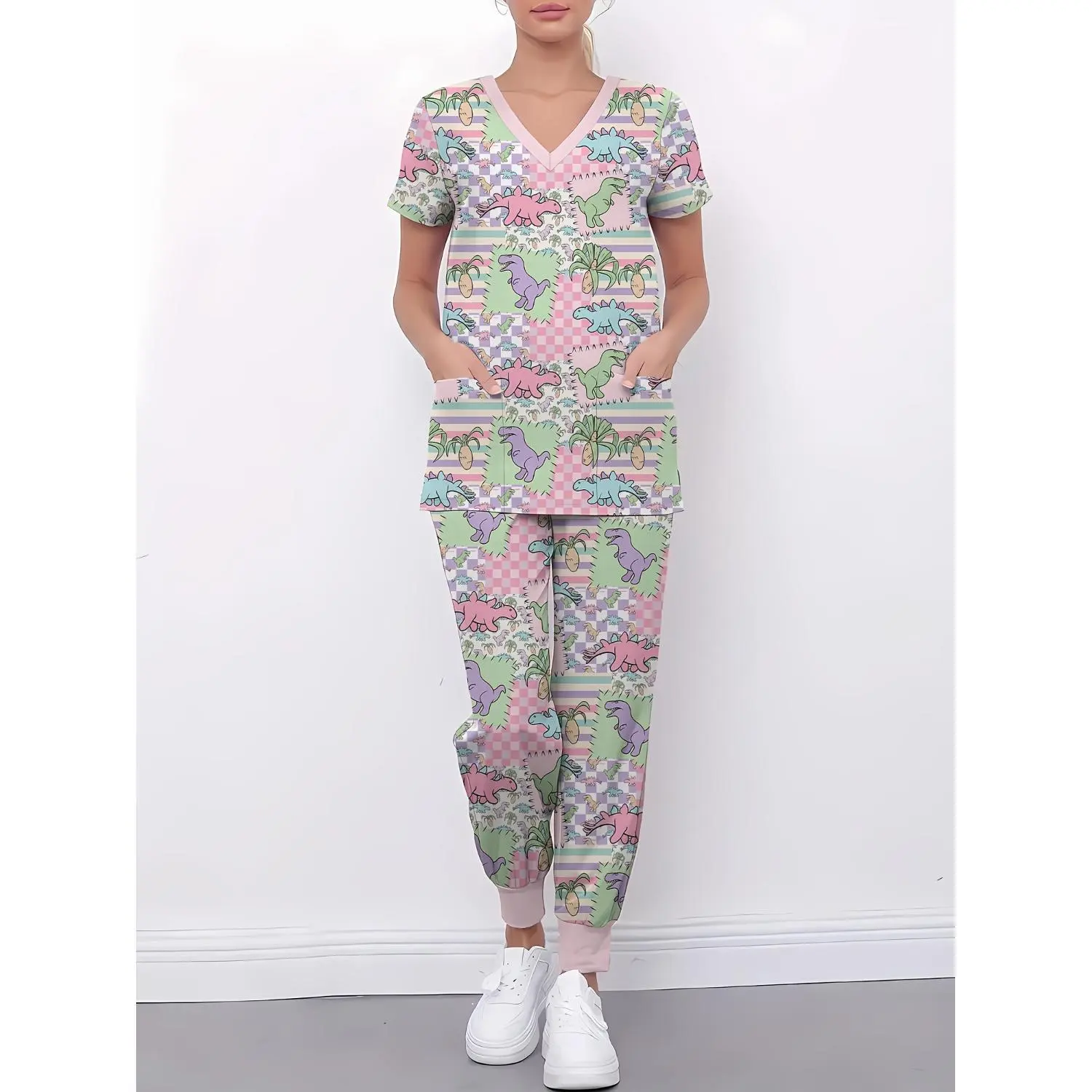 Two-Piece V-Neck Dinosaur Print Patchwork Scrub Set in Pink - Functional Top and Pants for Women