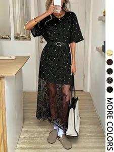 Solid Color Crew Neck Short Sleeve Loose Basic Casual Lace Dress, Ideal for Daily Commute & Travel Wear, Women's Old Money Going Out Dress, Elegant Teacher Outfits (Belt Not Included)