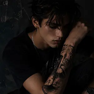 2-piece Dark style waterproof forest lion Jesus cross temporary tattoo stickers,fake tattoos,long-lasting and realistic Halloween Body Art art,suitable for men and women's arm and leg tattoos,creating a unique style