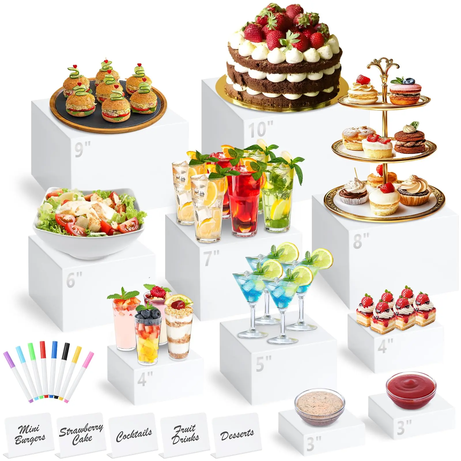 10-Pack White Acrylic Multi-Size Buffet Risers Set with Mini Sign and Marker, Hollow-Bottom Cube Nesting Boxes (8 Sizes: 10in,9in,8in,7in,6in,5in,4in,4in,3in,3in) for Buffet Table Party Catering Dessert Display