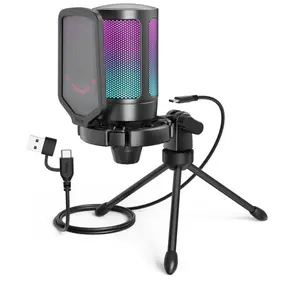 Gaming USB Microphone for PC PS5, Condenser Mic with Quick Mute, RGB Indicator, Tripod Stand, Pop Filter, Shock Mount, Gain Control for Streaming Discord Twitch Podcasts Videos- AmpliGame