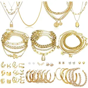 46 Pcs Gold Jewelry Set with 11Pcs Necklace, Pcs anklet and 18 Pcs Earring Ear Cuff,6Hoop Earrings for Women Fashion Indie Costume Jewerly Pack for Friendship Party Gift