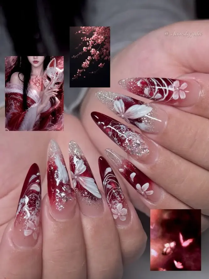Asian Fantasy Press On Nails Long Stiletto Red White Ombre Fake Nails with 3D Floral Cherry Blossom Silver Glitter Anime Cosplay Full Cover False Nails Luxury Fairycore Reusable Acrylic Manicure Kit for Women Party Salon Quality