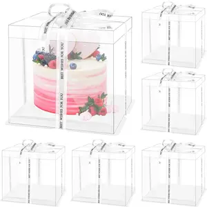 6 Pcs Clear Cake Boxes with Lids Plastic Transparent Gift Boxes with Ribbon  Cake Packaging Containers PET Cupcake Carrier Transport Container for Birthday Party and Wedding