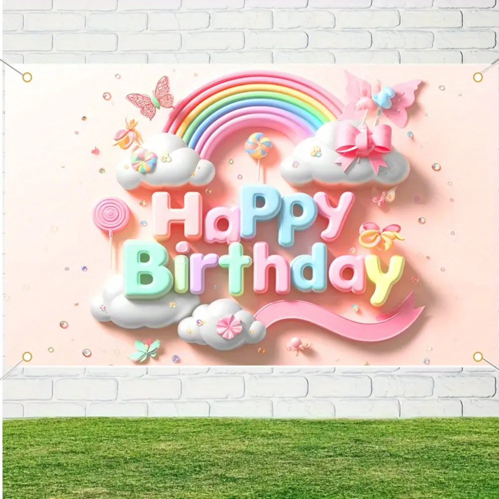 HOMETITUTE 1PC 2D Flat Rainbow Cloud Butterfly Birthday Design 70.8x43.3inch Polyester Banner Background Fabric for Indoor Outdoor Photography Festivals and Theme Activities