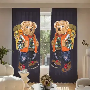 2pcs Creative Polo Bear Print Curtains, Blackout Curtains, Polyester Fiber, Kitchen Bedroom Office Living Room Decor, Home Decoration Curtain, Door Curtain (rodless)
