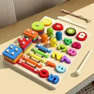 Montessori Multifunctional Five-In-One Early Education Wooden Toy Set, Shape Sorter, Geometric Shape Stacker, Magnetic Fishing, Piano, Number Matching, Fruit Slicer