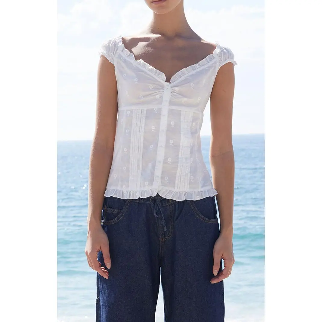 John Galt Women's White Floral Embroidered Elena Top