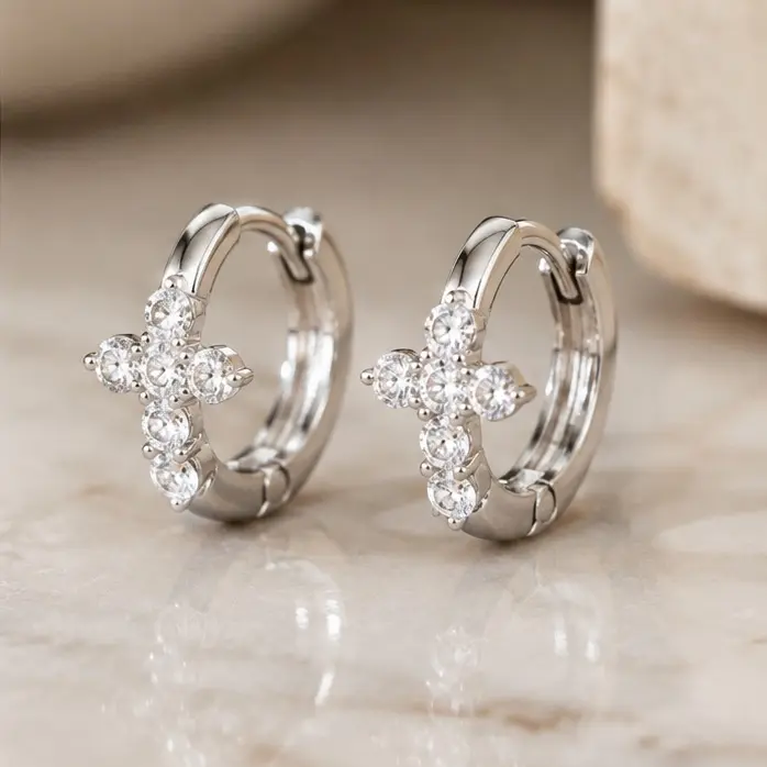 Moissonite  Sparkling Cross Huggie Hoop Cross Earrings for Women, Sterling Silver Cross Earrings with CZ/Moissanite-Style Stones, Non-Dangling Faith Jewelr