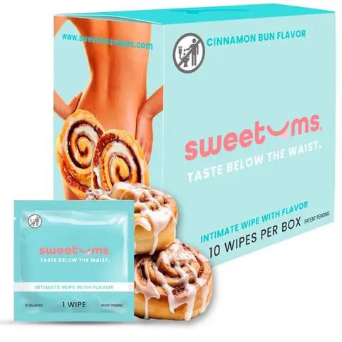 Sweetums][ Cinnamon Bun Flavored Wipes | Intimate Wipe with Flavor | pH Balanced, Water-based & Non-Sticky, Gynecologist Tested & Approved | Customer Favorite | Vanilla & Cinnamon Bun Scent and Flavor | Individually Wrapped