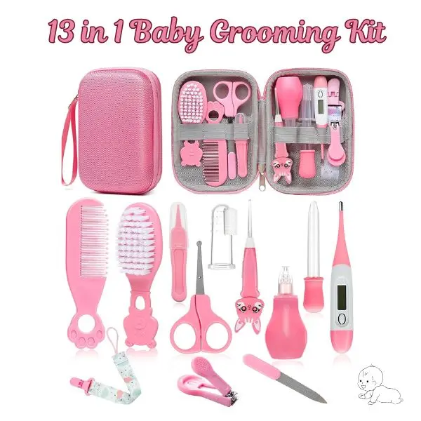 Baby Healthcare & Grooming Kit - Newborn Nursery Essential, Newborn Baby Stuff with Stainless Steel Nail Clippers, Precise Trimmer, Hair Brush, Temperature Thermometer, Antibacterial Pacifier Clip, Registry Ready