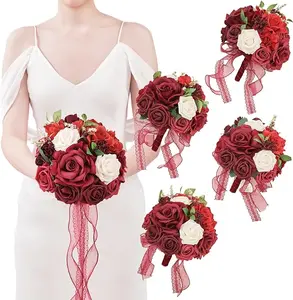TINGE TIME 7" Bridesmaid Bouquet Set of 4, Burgundy Red Wedding Bouquets for Bridesmaid, Perfect for Wedding Bouquets for Bride, Ideal for Bridal Shower, Rehearsal Dinner, Vintage Party, and More Decor Decorative