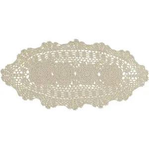 Oval Lace Table Runner Doilies Floral Table Scarf Furniture Cloth Cover Handmade Crochet Placemats, 100% Cotton (Beige Oval, 12x24 Inch)