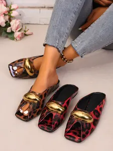 New Fashion Versatile French Vintage Leopard Print Fish Mouth Mule Sandals for Women, Metal Buckle Square Toe Flat Slip-On Shoes, PU Upper Material
