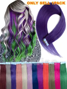 10PCS/Pack Rainbow Tape In Hair Extensions Human Hair, Highlight Hair Bundles,Straight Hair Extensions,3*0.8cm Invisible Tape In Hair Extensions Add Volume/Highlight Hair Looking For Women/Girls,Blue/Purple/Pink/Red Party/Daily Hair Looking