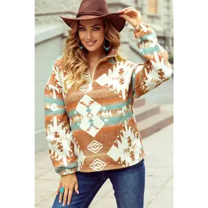 Quarter Zip Elastic Cuffs Western Pullover: Khaki