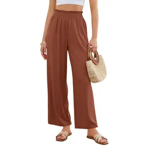 GRAPENT Linen Pants for Women Wide Leg High Waisted Paper Bag Smocked Waist Casual Summer Beach Vacation Palazzo Pants