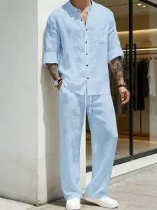 Trendy Men's Breathable Linen-Feel Set, Roll-Up Sleeve Shirt + Straight Leg Pants, Casual Daily Wear for All Seasons