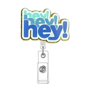Hey Letter Pattern Retractable Badge Reel, 1 Count Acrylic ID Holder with Clip, Badges Supplies for Nurses Doctors Students