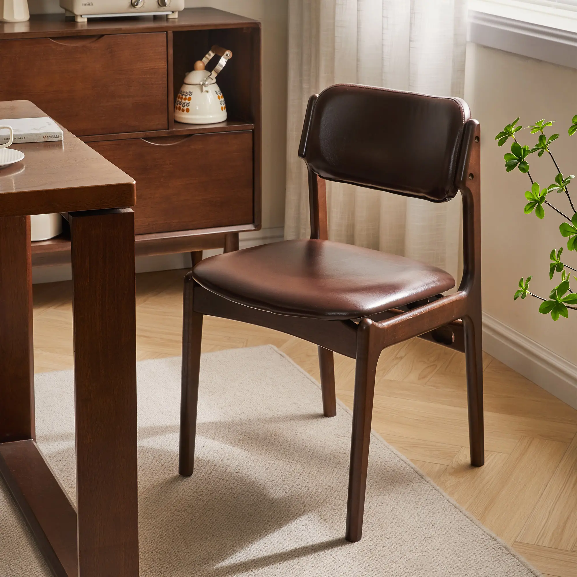 Mid Century Modern Dining Chairs, Solid Wood Walnut Frame Brown PU Leather Upholstered Armless Side Chairs, Ergonomic Open Back Kitchen Chairs for Dining Room Coffee Shop Home Office, Easy Clean