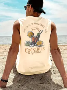Summer Men's Casual Sleeveless Fitted Vest, Coconut Tree Graphic Letter Print, Outdoor Sports Wear, Daily Versatile, 1 Piece Pack, Tropical