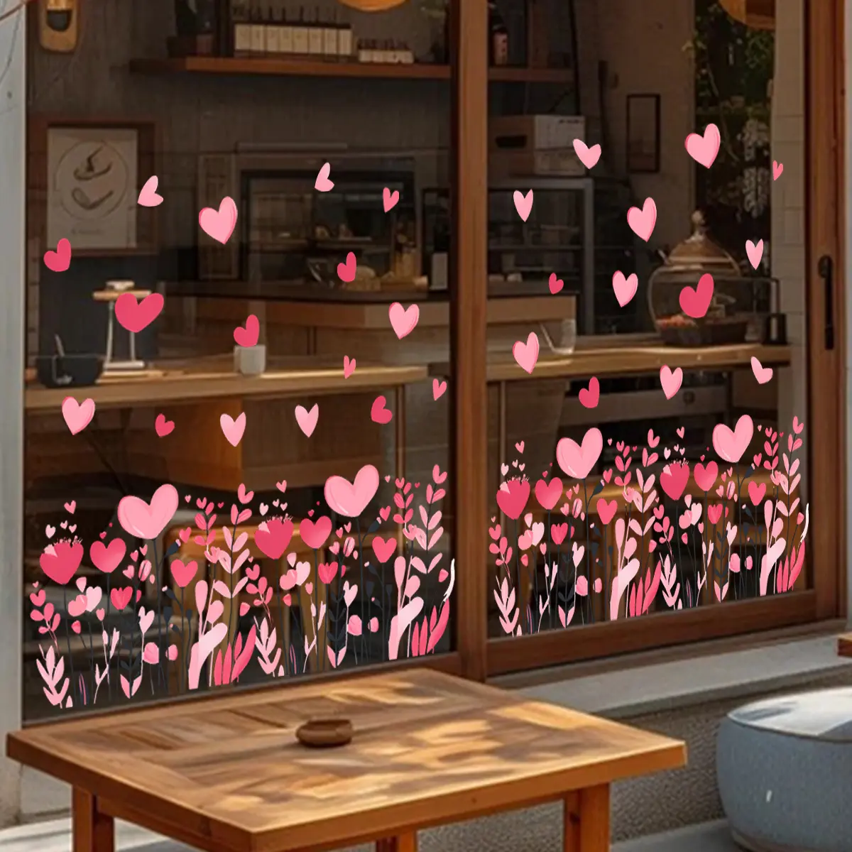 A set (30*60cm*2pcs) of Valentine's Day pink heart-shaped flower creative flat static stickers for decorating window stickers, window background beautification window stickers, D21835