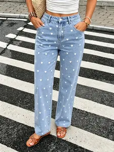 Women's Casual High Waist Jeans, Heart Print Long Pants, Loose-Fitting Denim, All Seasons, Elastic Fabric, Daily Wear, Comfortable Style