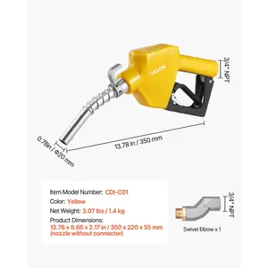 Summervibes VEVOR 3/4-Inch NPT Automatic Fuel Nozzle with Swivel, Max Flow Rate 11.8 GPM, Auto Shut Off Diesel Gas Pump Nozzle with 3-Speed Trigger Lock 0.78 in (OD20 mm) Spout for Gasoline, Diesel, Kerosene