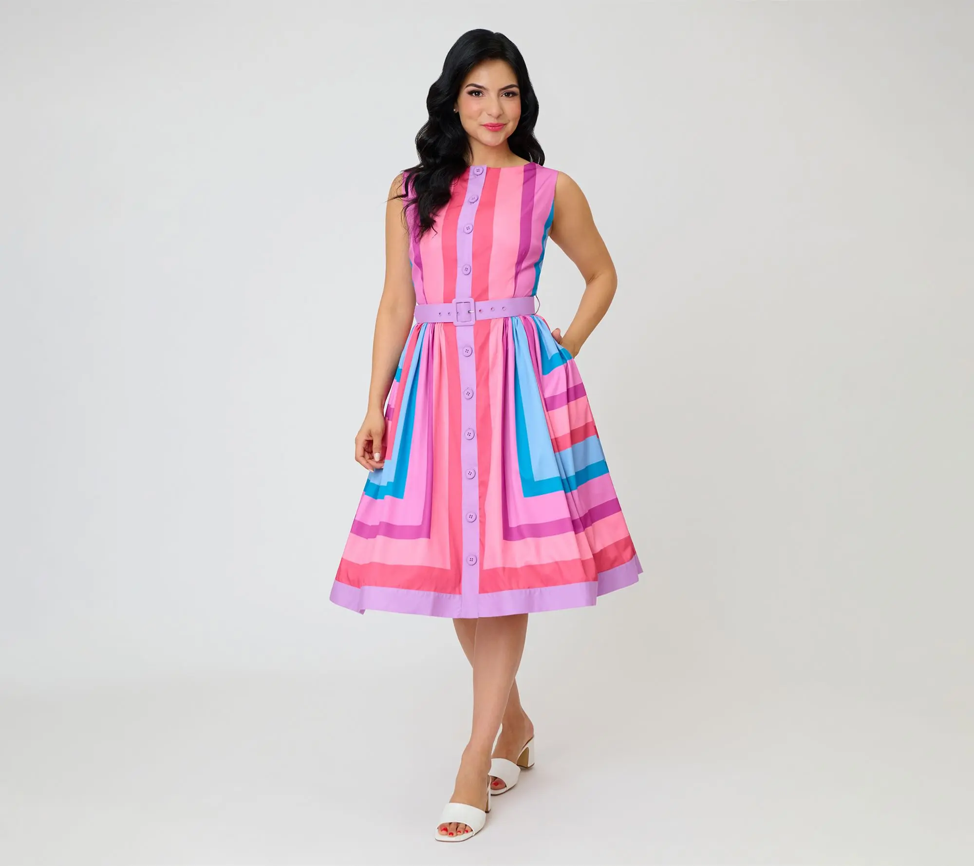 Unique Vintage Purple/Blue Stripes Sleeveless Swing Dress