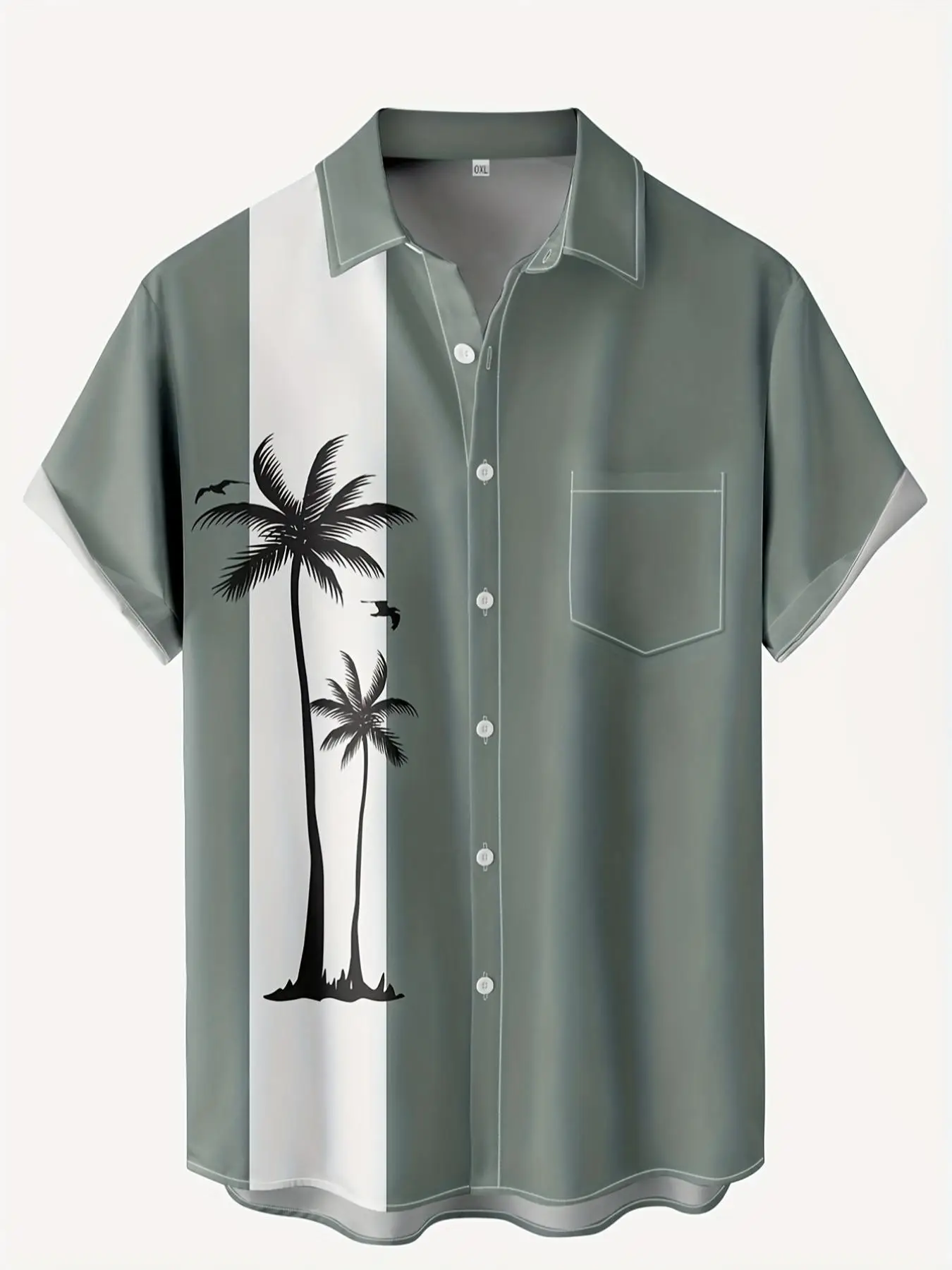 Men's Plus Size Coconut Tree Print Button Front Shirt, Vacation Outfits, Loose Casual Short Sleeve Collared Top For Summer, Men's Clothes For Beach Va