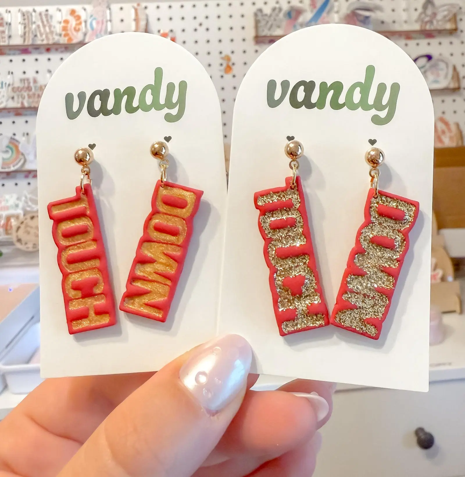 Touch Down Red and Gold Glitter Dangle Earrings | Hypoallergenic and Nickel Free Metal | Chiefs Kingdom | Kansas City Football