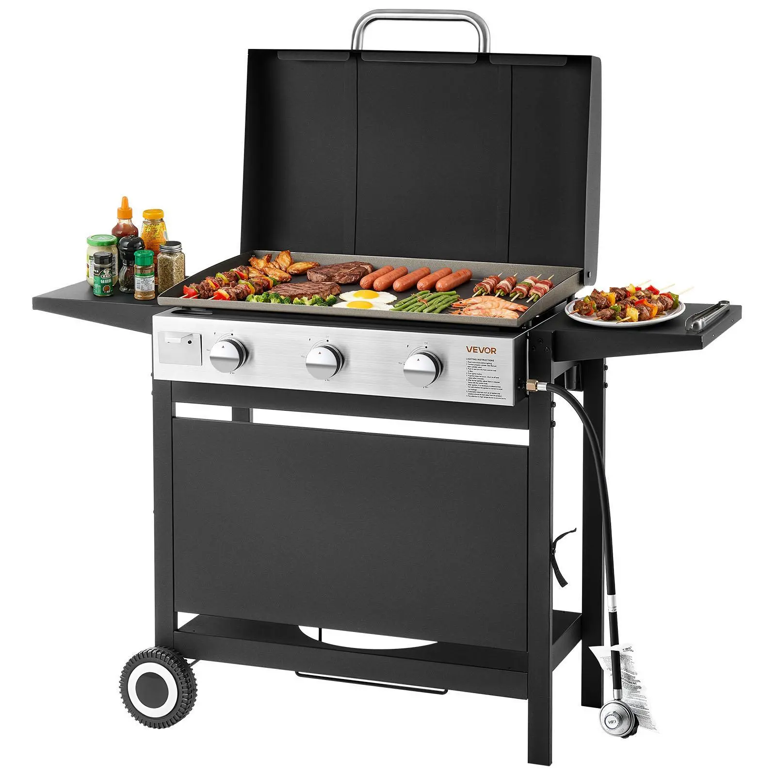 VEVOR Large Propane Gas Griddle - 3-Burner Flat Top Grill with 3x11000 BTU, Wheels, Lid, Pulse Ignition, Removable Top, Ideal for Outdoor Grill & Fry Cooking