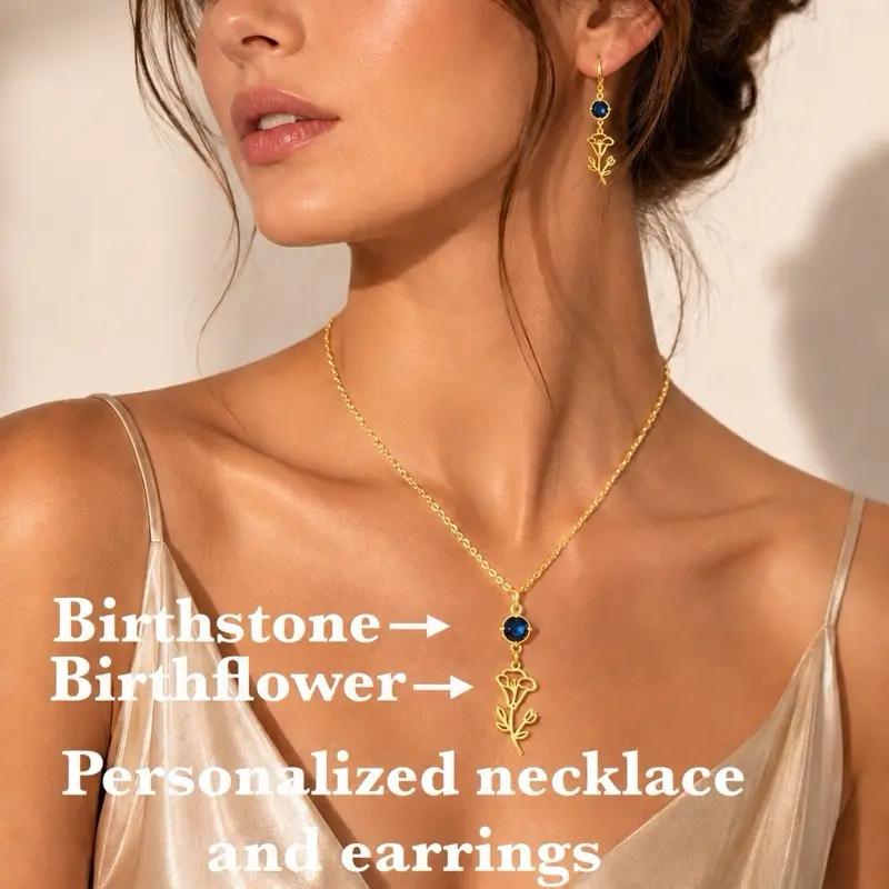 18K Gold Plated Personalized Birthflower & Birthstone Jewelry Set - Necklace and Earrings for Women