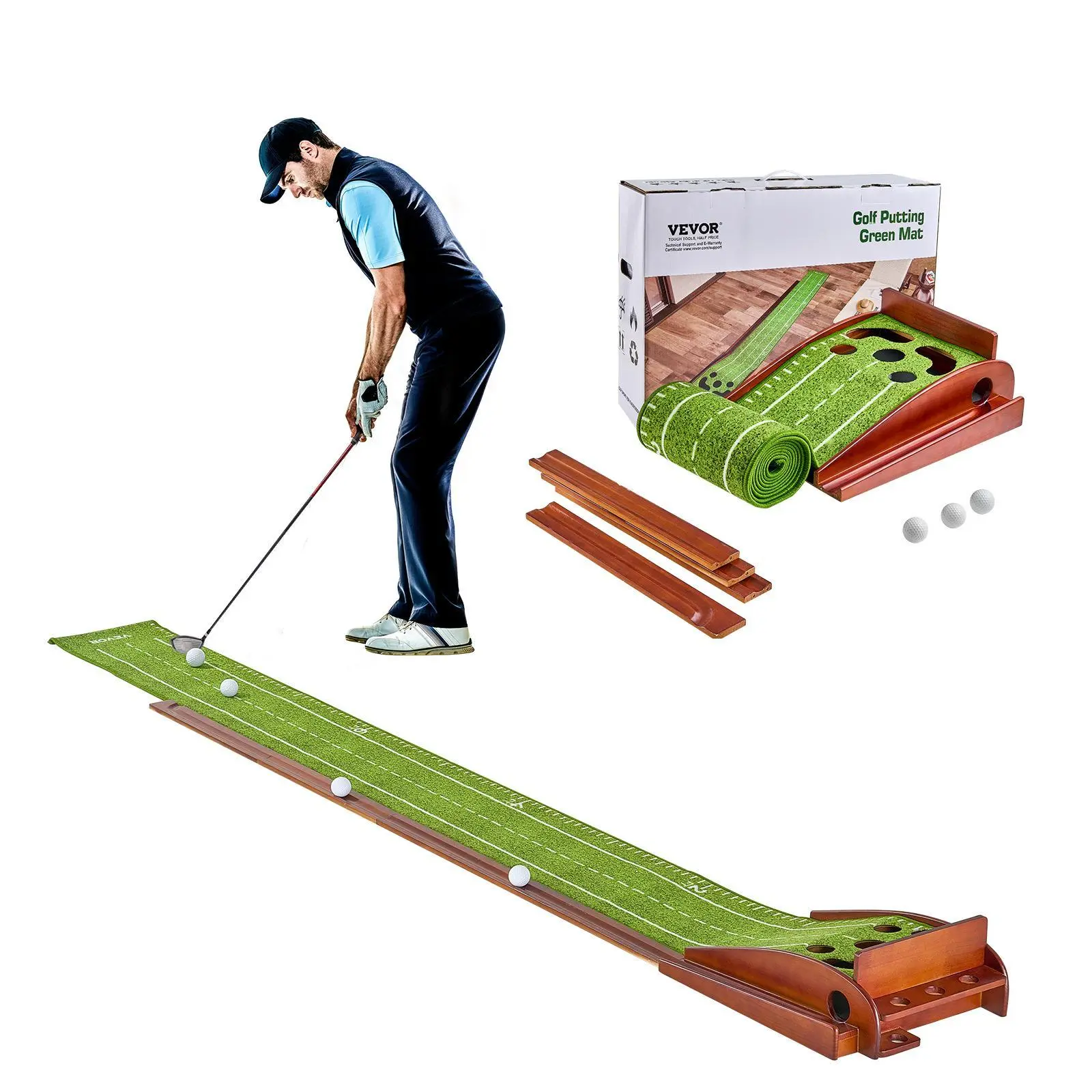 【Summerfinds】VEVOR Golf Putting Mat, 5 Hole Indoor Golf Putting Green, Wrinkle-Free Golf Training Aid, Mini Golf Set  with Auto-Ball Return, Alignment Guide, 3 Ball, Wood Base, Game Practice Gift for Home Offic