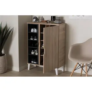 Baxton Studio SESC16104-Hana Oak&Dark Grey-Shoe Cabinet Adelina Mid-Century Modern 1-Door Oak & Grey Wood Shoe Cabinet