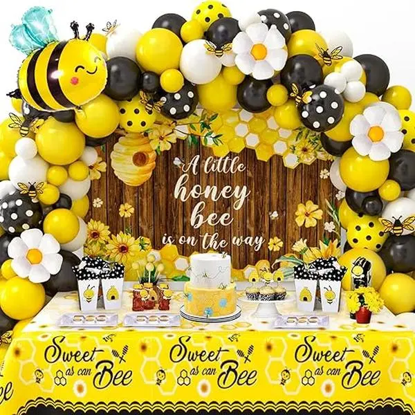 133Pcs Bee Baby Shower Decorations Bee Themed Baby Shower, Bee Balloon Arch Bee Tablecloth Backdrop Bee Wall Decor, Birthday Party Supplies Boy Girl Baby Shower Decor