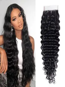 Deep Wave Closure Human Hair deep wave lace closure 4x4 Free Part Lace Closure 100% Unprocessed Brazilian Virgin Human Hair Swiss Lace Closure 150% Density Natural Black Color