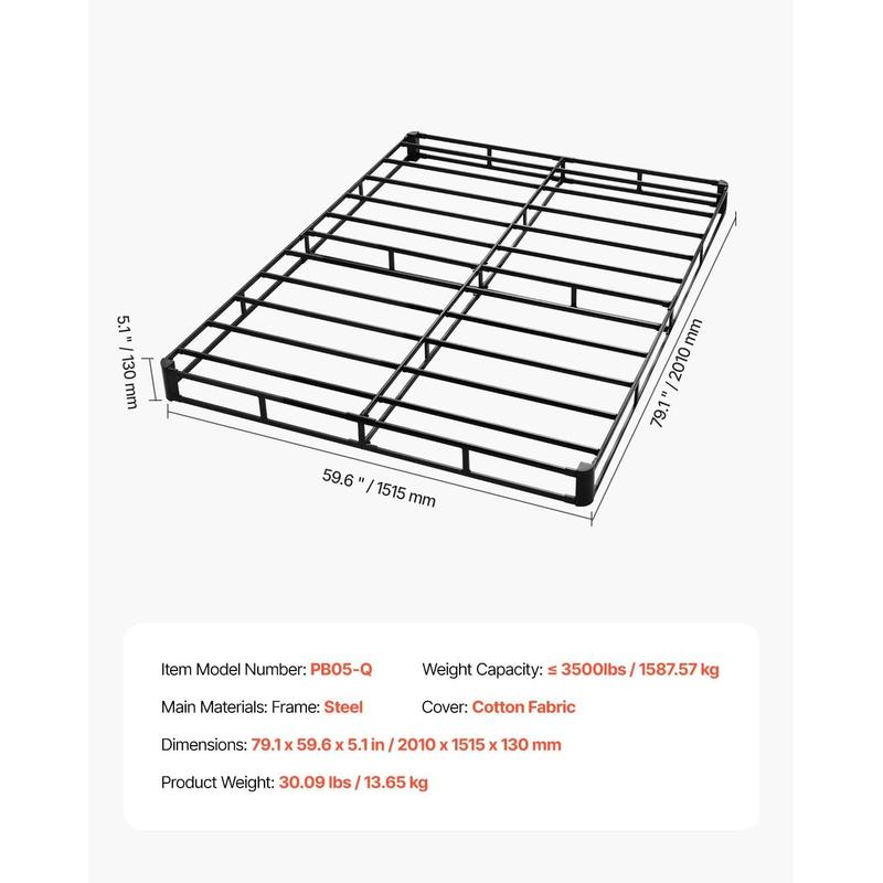 VEVOR Box Spring, Queen Size Bed Frame with Washable Fabric Cloth, Heavy Duty Metal Frame for Queen Bed, 5 in Mattress Foundation, 3500 lbs Max Weight Capacity, Easy Assembly, 79.1L x 59.6W x 5.1H in