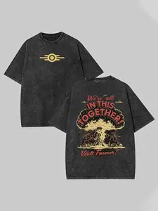 Black Pickled 'Fallout Vault' Nuclear Explosion Pattern Fitted Long T-shirt - A must-have for wasteland fans | Retro Vintage Vault Tec print | Suitable for cosplay, role-playing and casual wear|